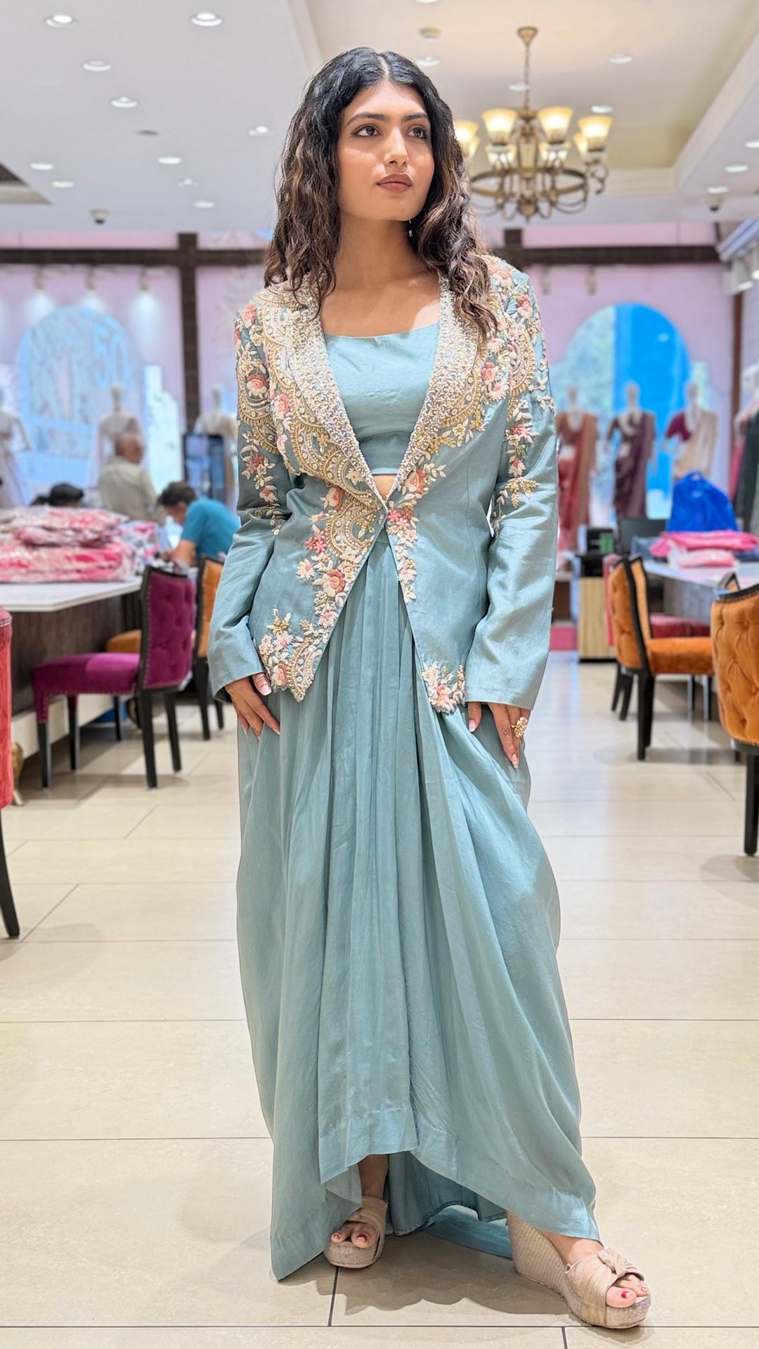 Sage Green Indo-Western Draped Skirt Set with Embroidered Jacket