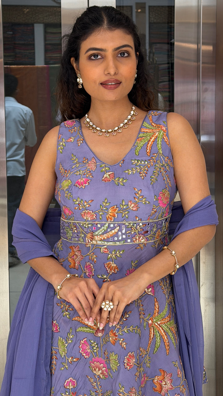 Lavender Floral Embroidered Peplum Kurta & Palazzo Set with Dupatta