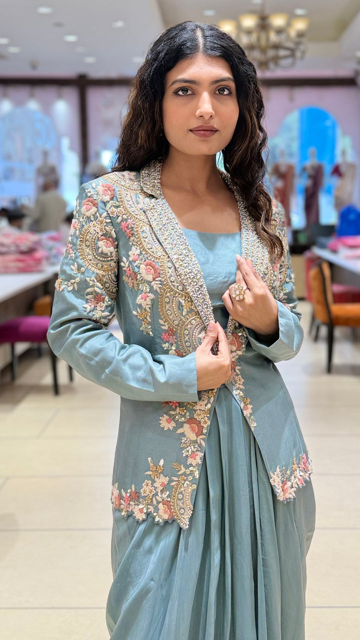 Sage Green Indo-Western Draped Skirt Set with Embroidered Jacket