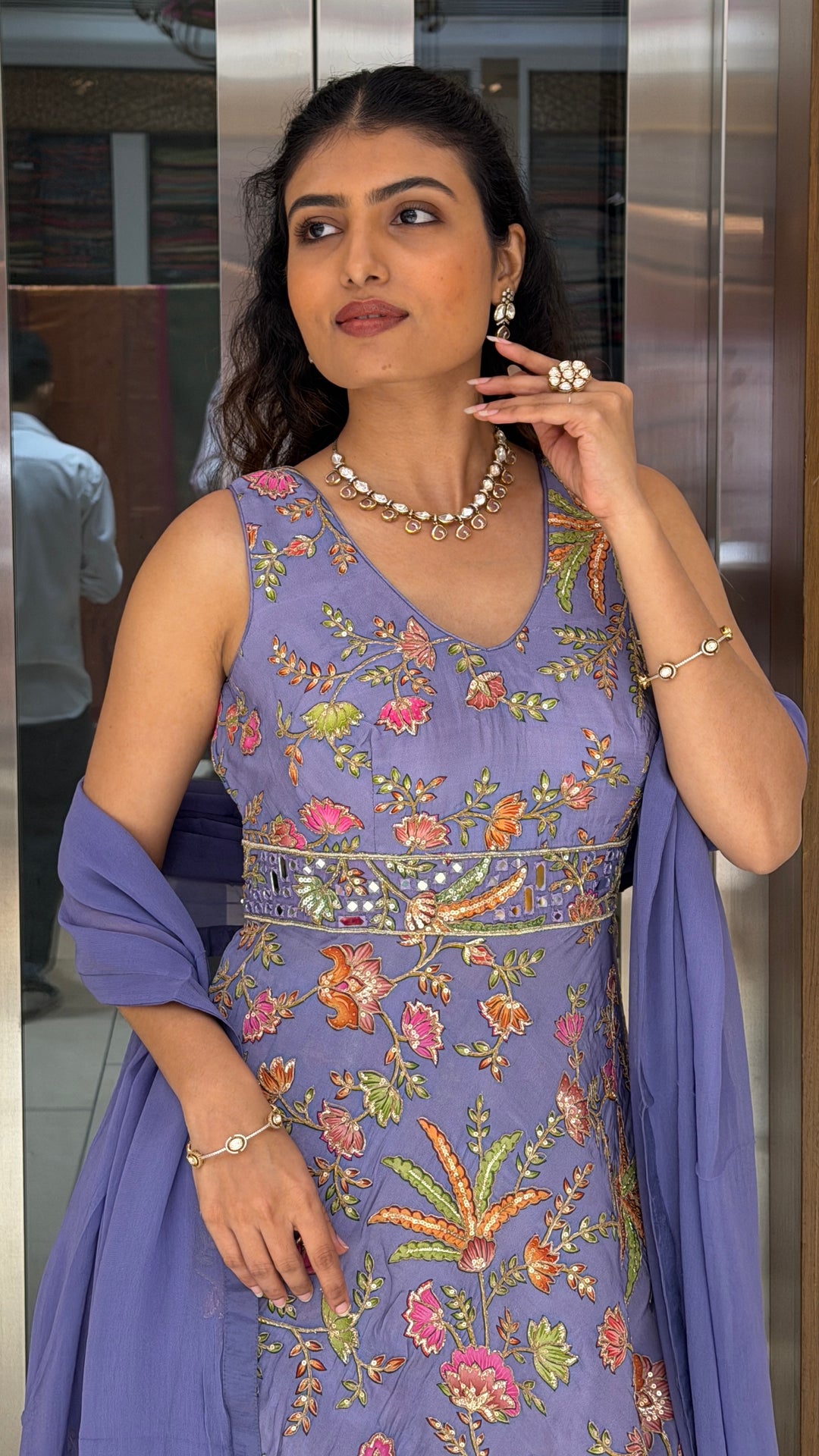 Lavender Floral Embroidered Peplum Kurta & Palazzo Set with Dupatta