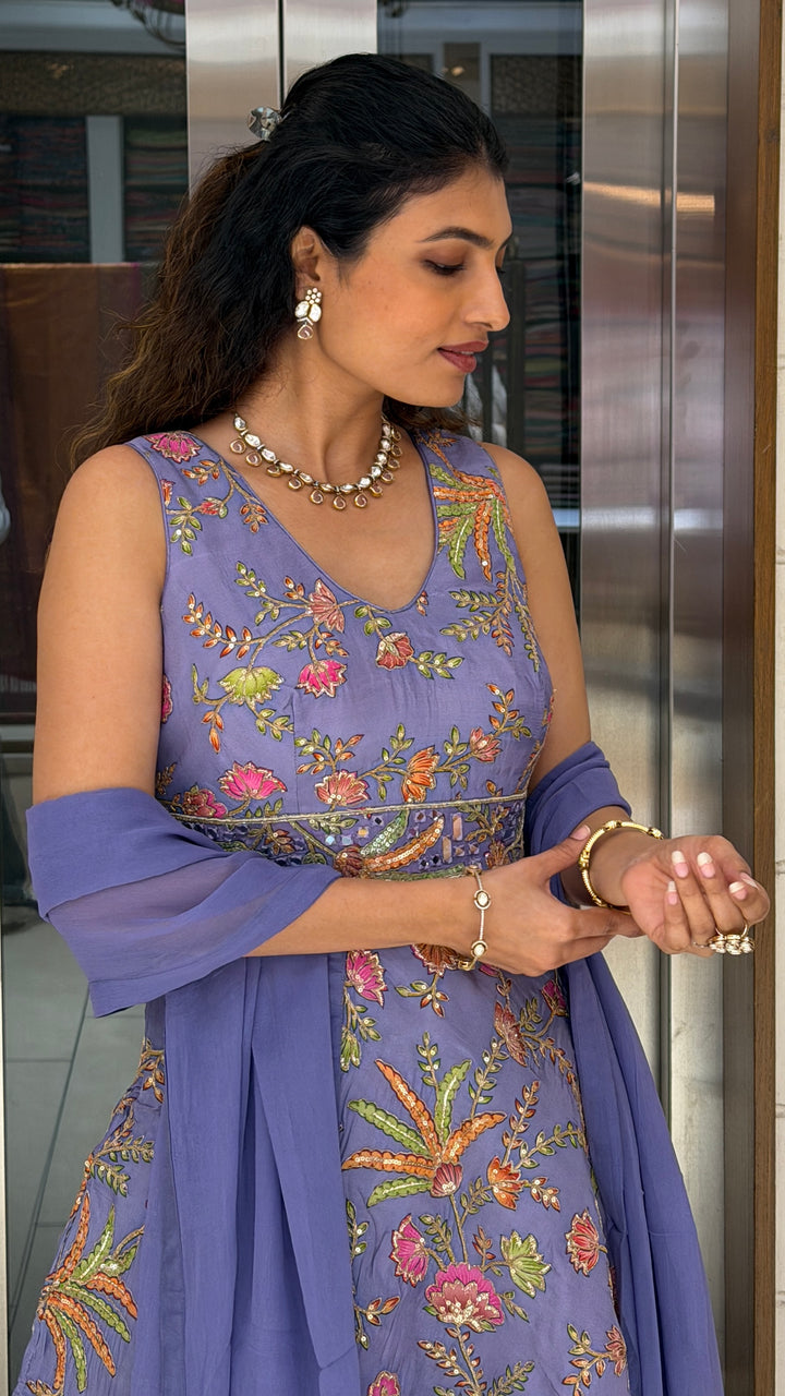 Lavender Floral Embroidered Peplum Kurta & Palazzo Set with Dupatta