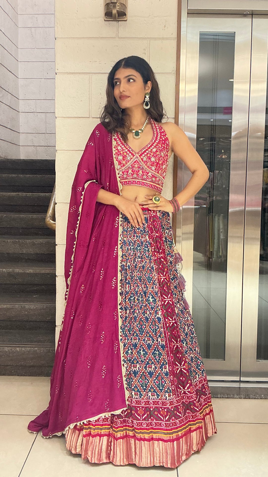 Royal Wine Embroidered Blouse with Heritage Print Lehenga & Dupatta Set