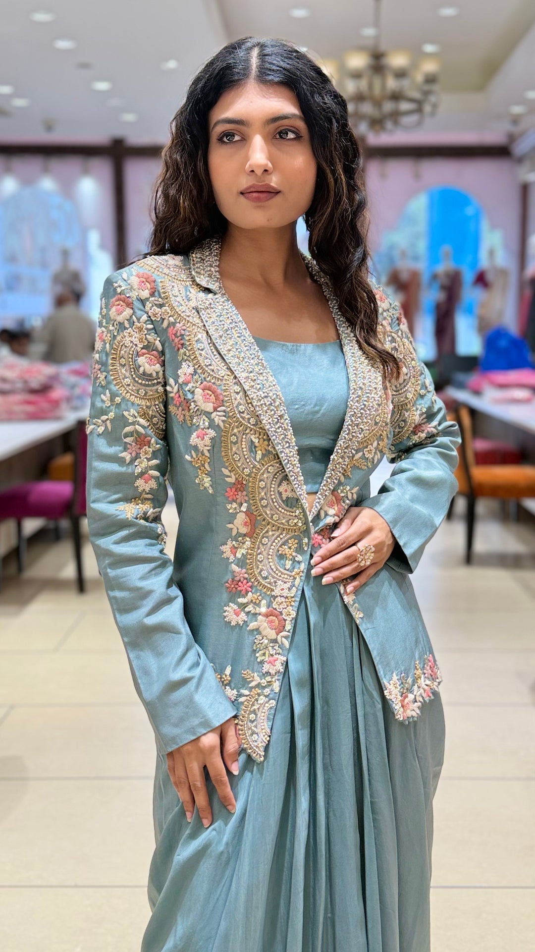 Sage Green Indo-Western Draped Skirt Set with Embroidered Jacket