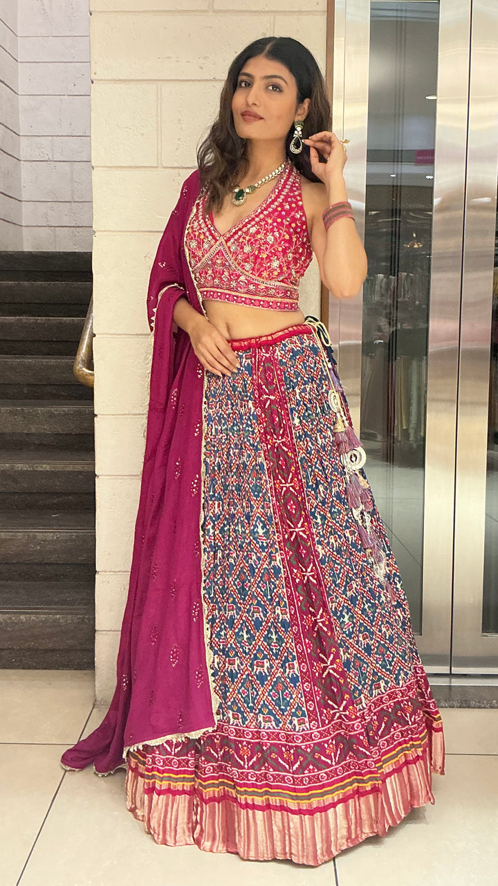 Royal Wine Embroidered Blouse with Heritage Print Lehenga & Dupatta Set