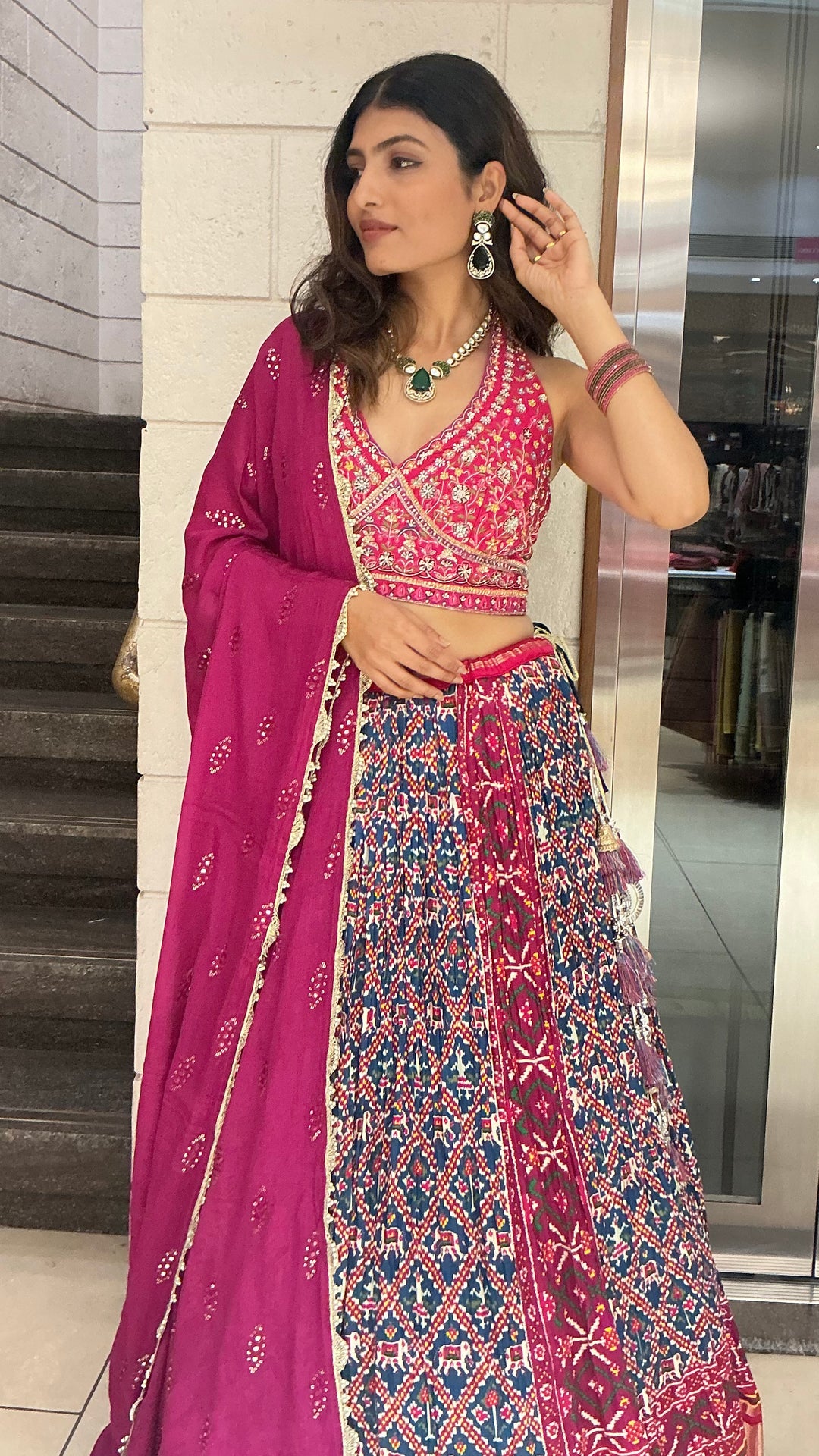 Royal Wine Embroidered Blouse with Heritage Print Lehenga & Dupatta Set