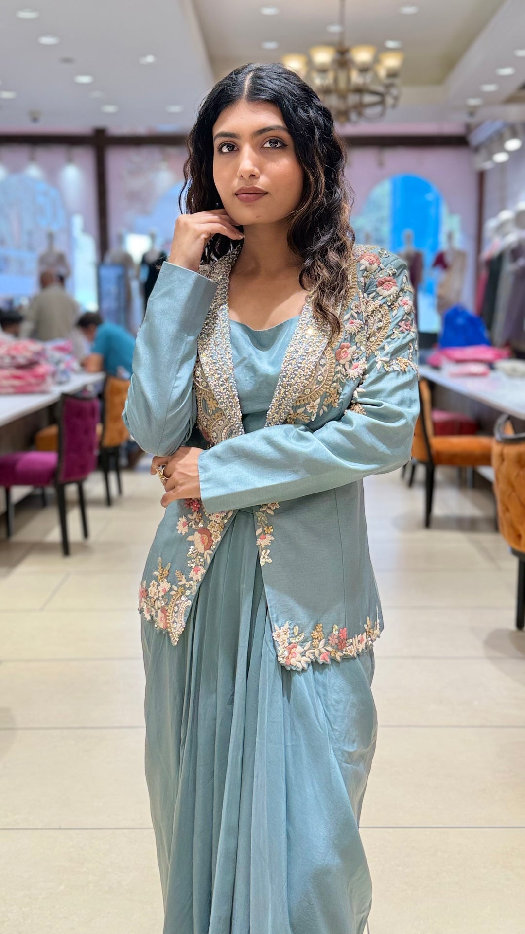 Sage Green Indo-Western Draped Skirt Set with Embroidered Jacket