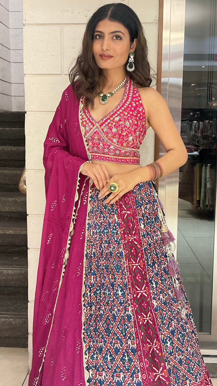 Royal Wine Embroidered Blouse with Heritage Print Lehenga & Dupatta Set