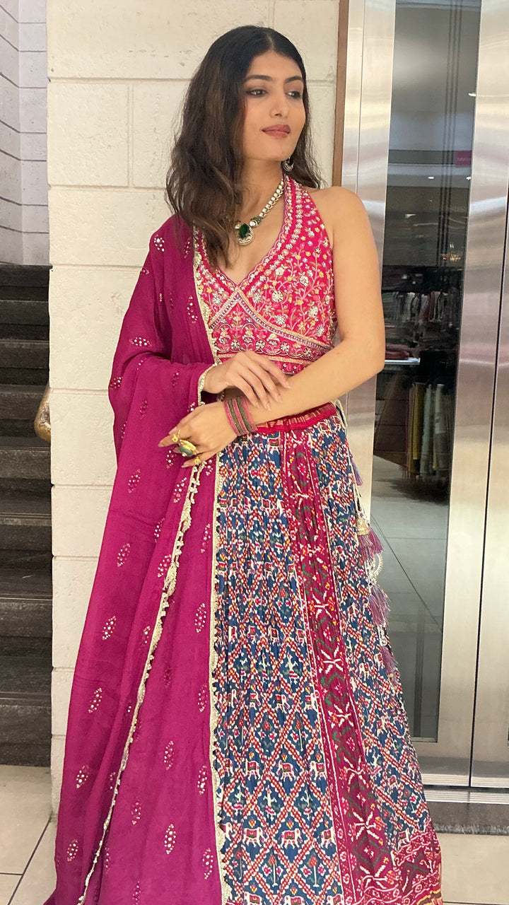 Royal Wine Embroidered Blouse with Heritage Print Lehenga & Dupatta Set