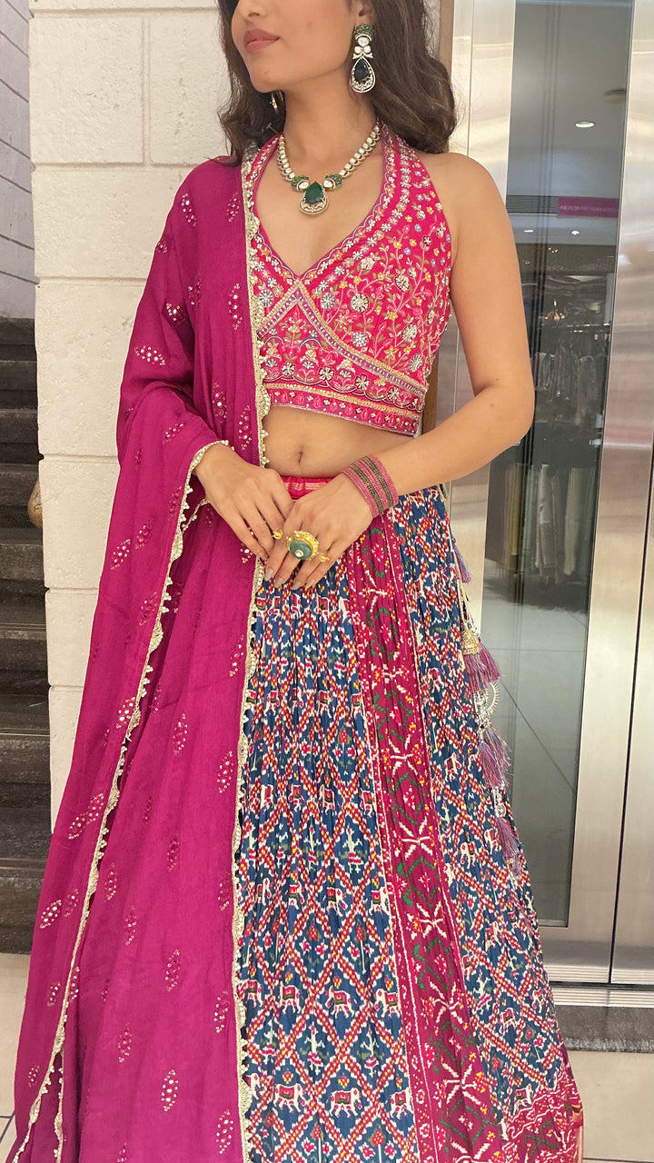 Royal Wine Embroidered Blouse with Heritage Print Lehenga & Dupatta Set