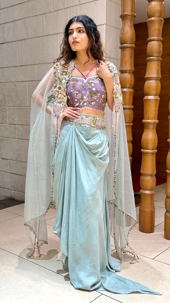 Pastel Aqua Indo-Western Drape Set with Embellished Cape