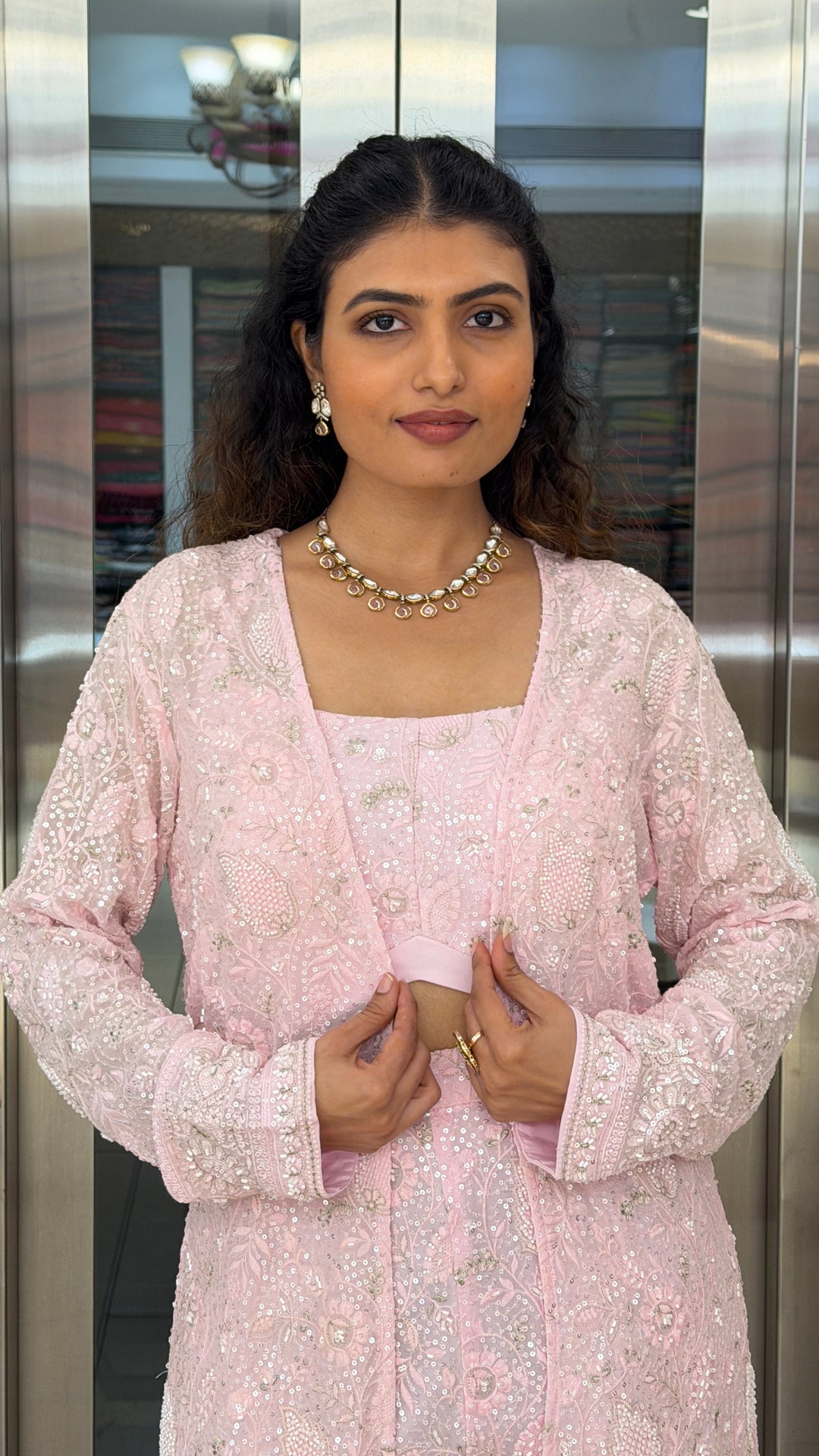 Blush Pink Designer Embroidered Co-Ord Set with Long Jacket & Palazzo Pants