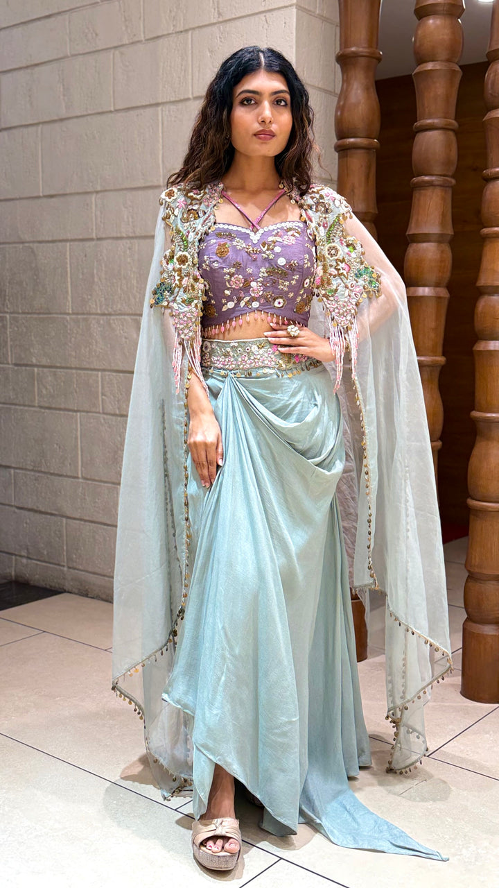 Pastel Aqua Indo-Western Drape Set with Embellished Cape