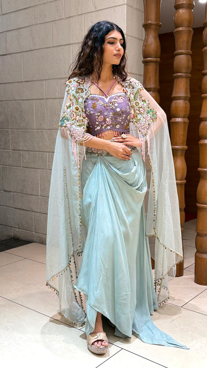 Pastel Aqua Indo-Western Drape Set with Embellished Cape