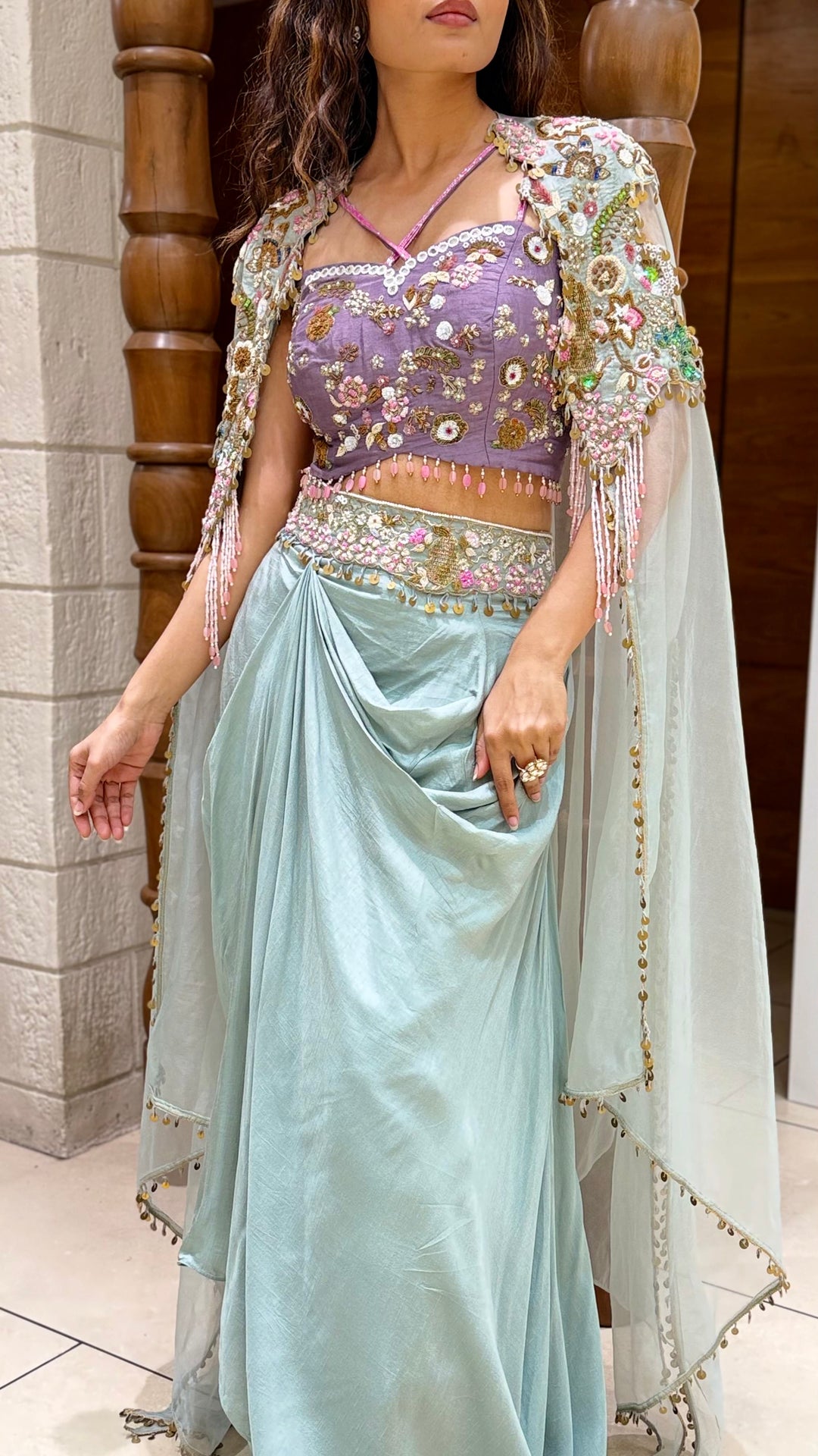 Pastel Aqua Indo-Western Drape Set with Embellished Cape