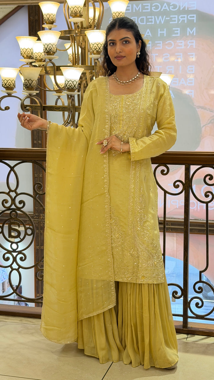 Pastel Lime Green Embroidered Kurta Sharara Set with Dupatta