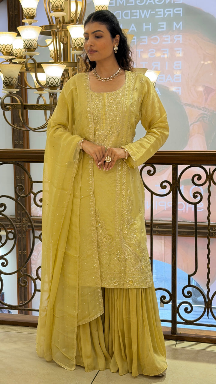 Pastel Lime Green Embroidered Kurta Sharara Set with Dupatta