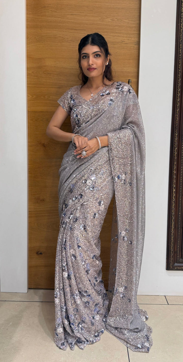 Silver Grey All-Over Sequin Embellished Designer Saree with Matching Blouse