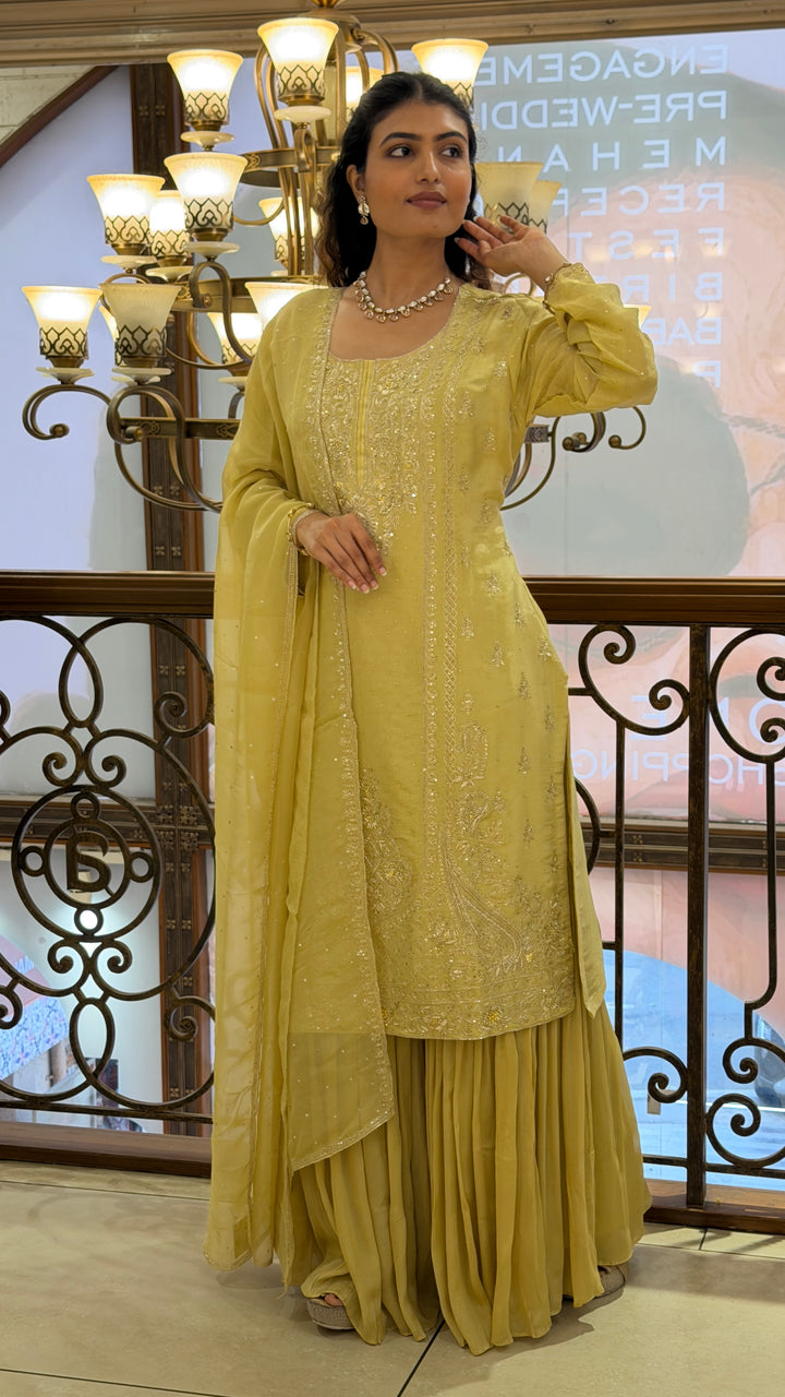 Pastel Lime Green Designer Kurta Sharara Set with Embroidered Dupatta