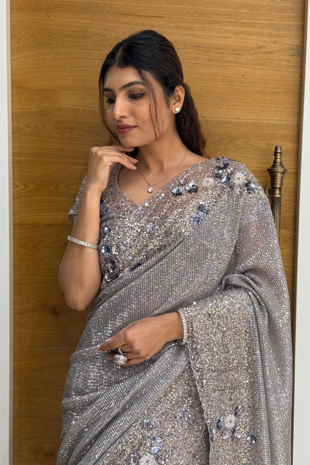 Silver Grey All-Over Sequin Embellished Designer Saree with Matching Blouse