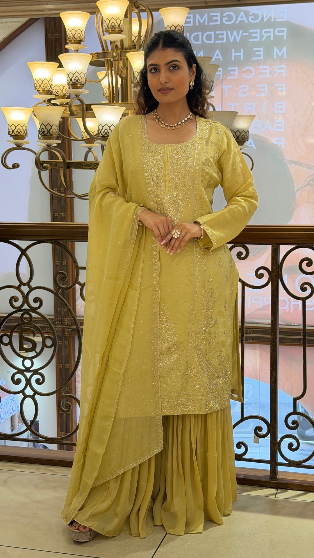 Pastel Lime Green Designer Kurta Sharara Set with Embroidered Dupatta