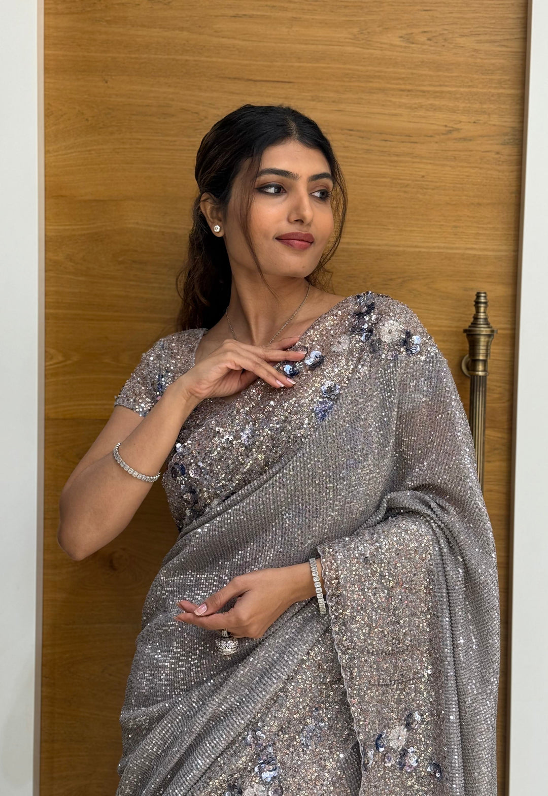 Silver Grey All-Over Sequin Embellished Designer Saree with Matching Blouse