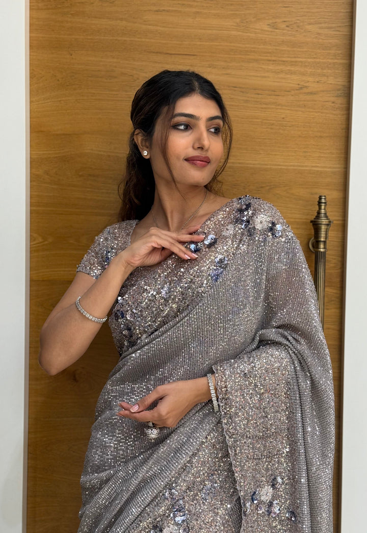 Silver Grey All-Over Sequin Embellished Designer Saree with Matching Blouse