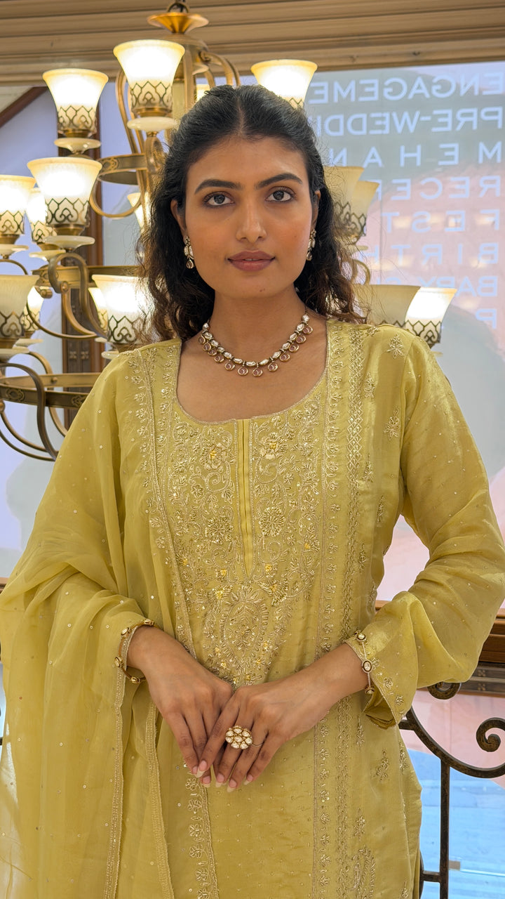 Pastel Lime Green Designer Kurta Sharara Set with Embroidered Dupatta