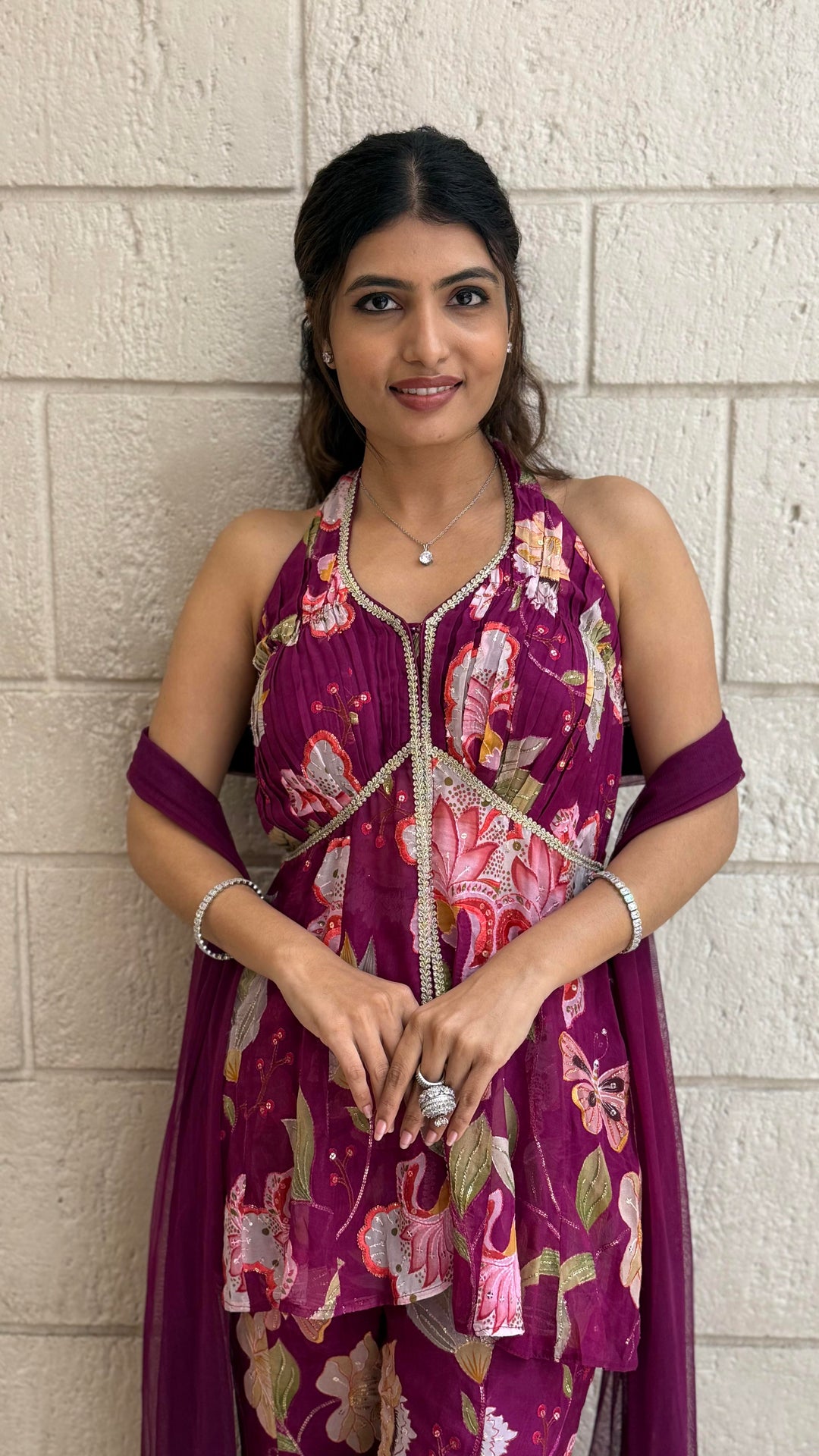 Designer Fuchsia Peplum & Palazzo Set with Multicolor Floral