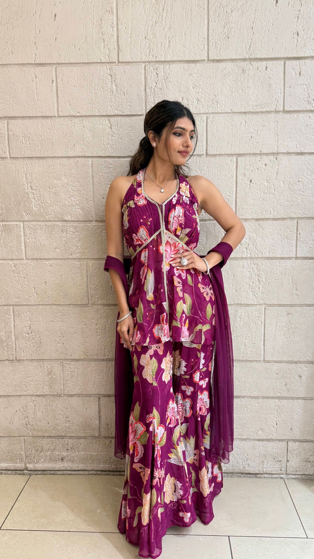 Designer Fuchsia Peplum & Palazzo Set with Multicolor Floral