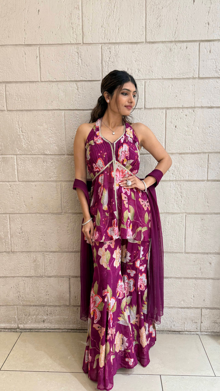 Designer Fuchsia Peplum & Palazzo Set with Multicolor Floral
