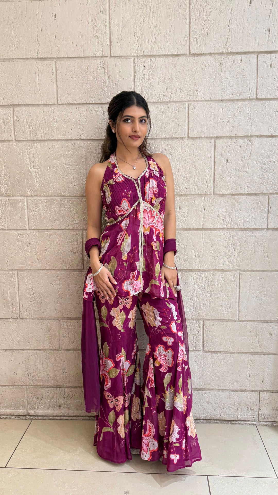 Designer Fuchsia Peplum & Palazzo Set with Multicolor Floral