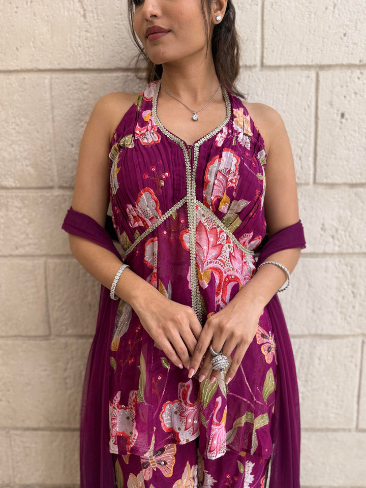Designer Fuchsia Peplum & Palazzo Set with Multicolor Floral