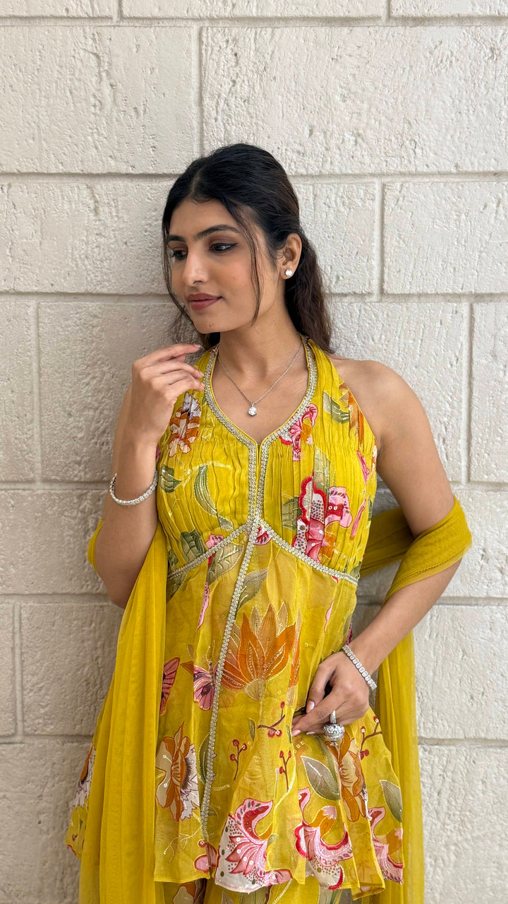 Designer Fuchsia Peplum & Palazzo Set with Multicolor Floral