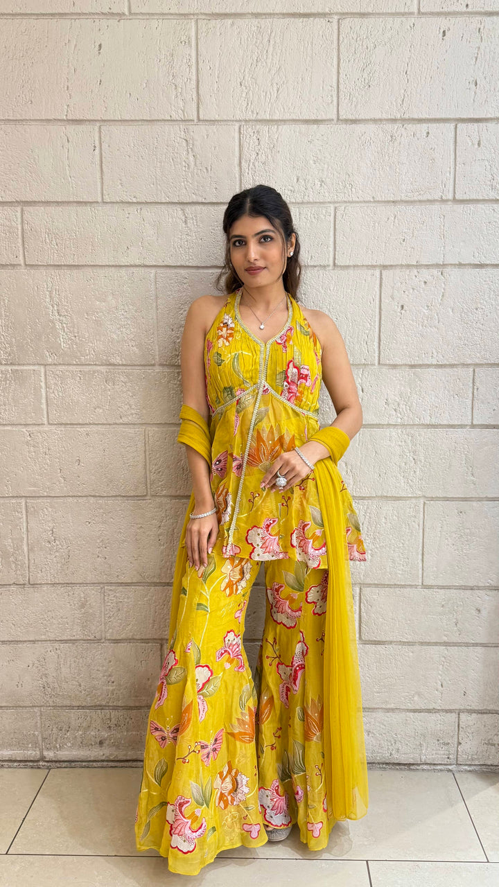 Designer Fuchsia Peplum & Palazzo Set with Multicolor Floral