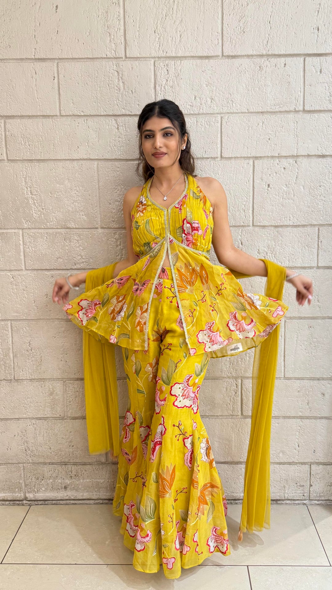 Designer Fuchsia Peplum & Palazzo Set with Multicolor Floral