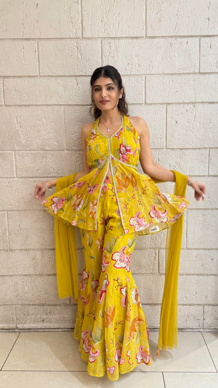 Designer Fuchsia Peplum & Palazzo Set with Multicolor Floral