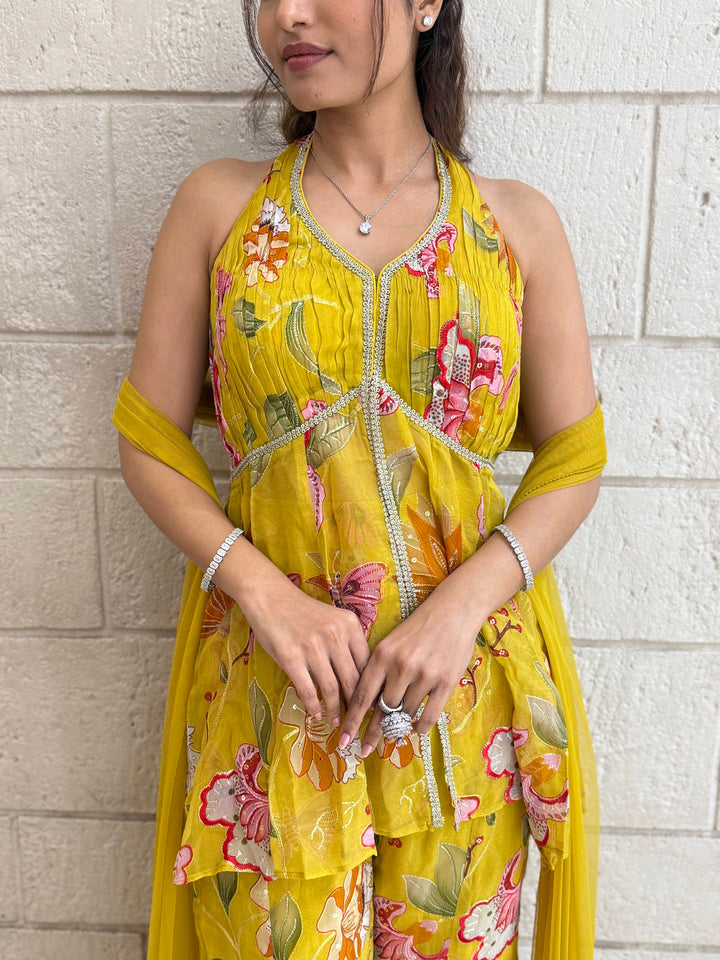 Designer Fuchsia Peplum & Palazzo Set with Multicolor Floral