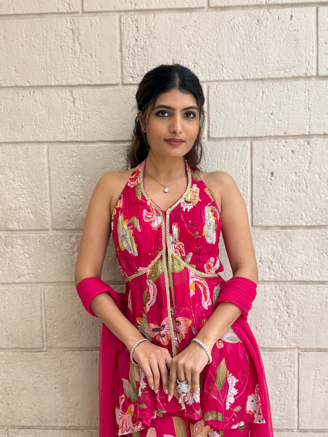 Designer Fuchsia Peplum & Palazzo Set with Multicolor Floral