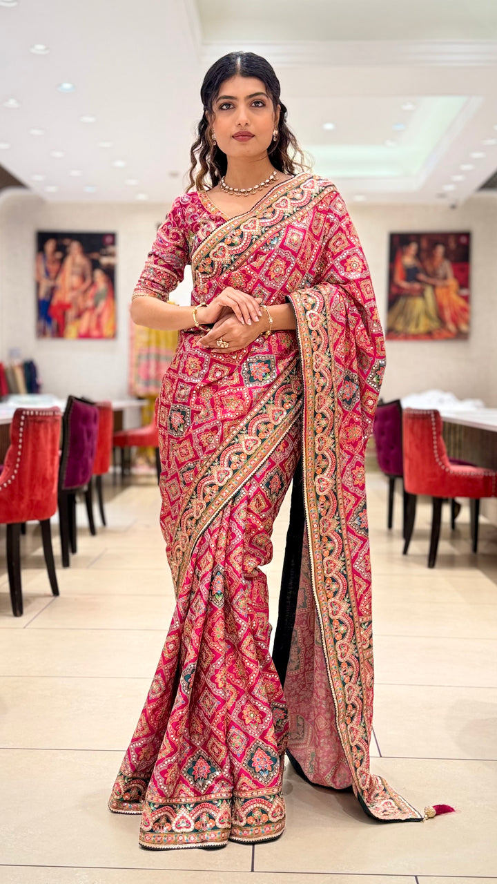 Royal Pink Embroidered Designer Saree with Traditional Motif Work