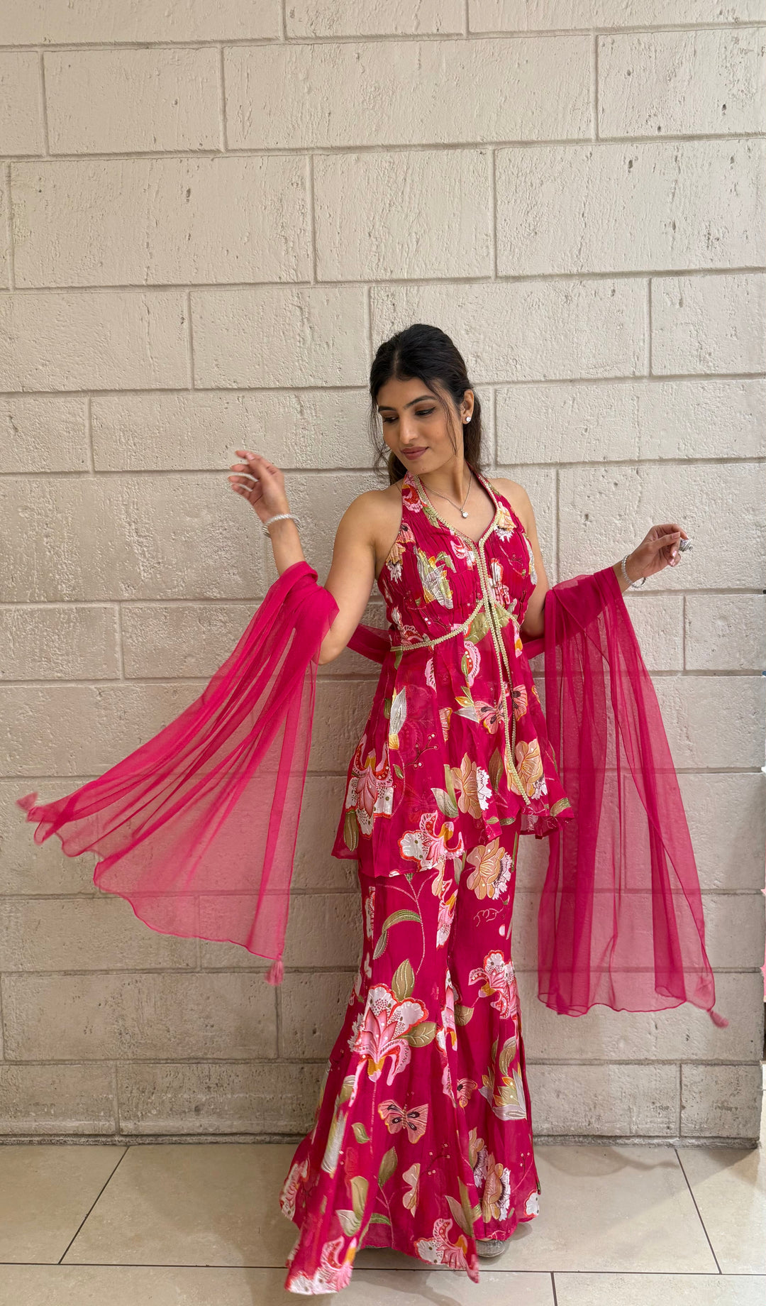 Designer Fuchsia Peplum & Palazzo Set with Multicolor Floral