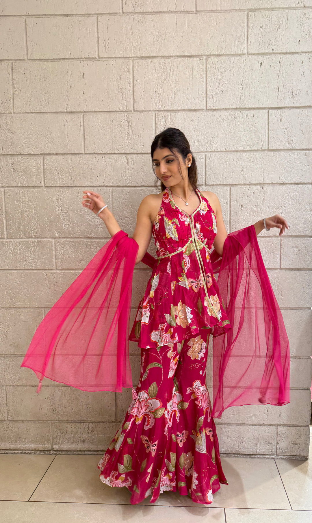 Designer Fuchsia Peplum & Palazzo Set with Multicolor Floral