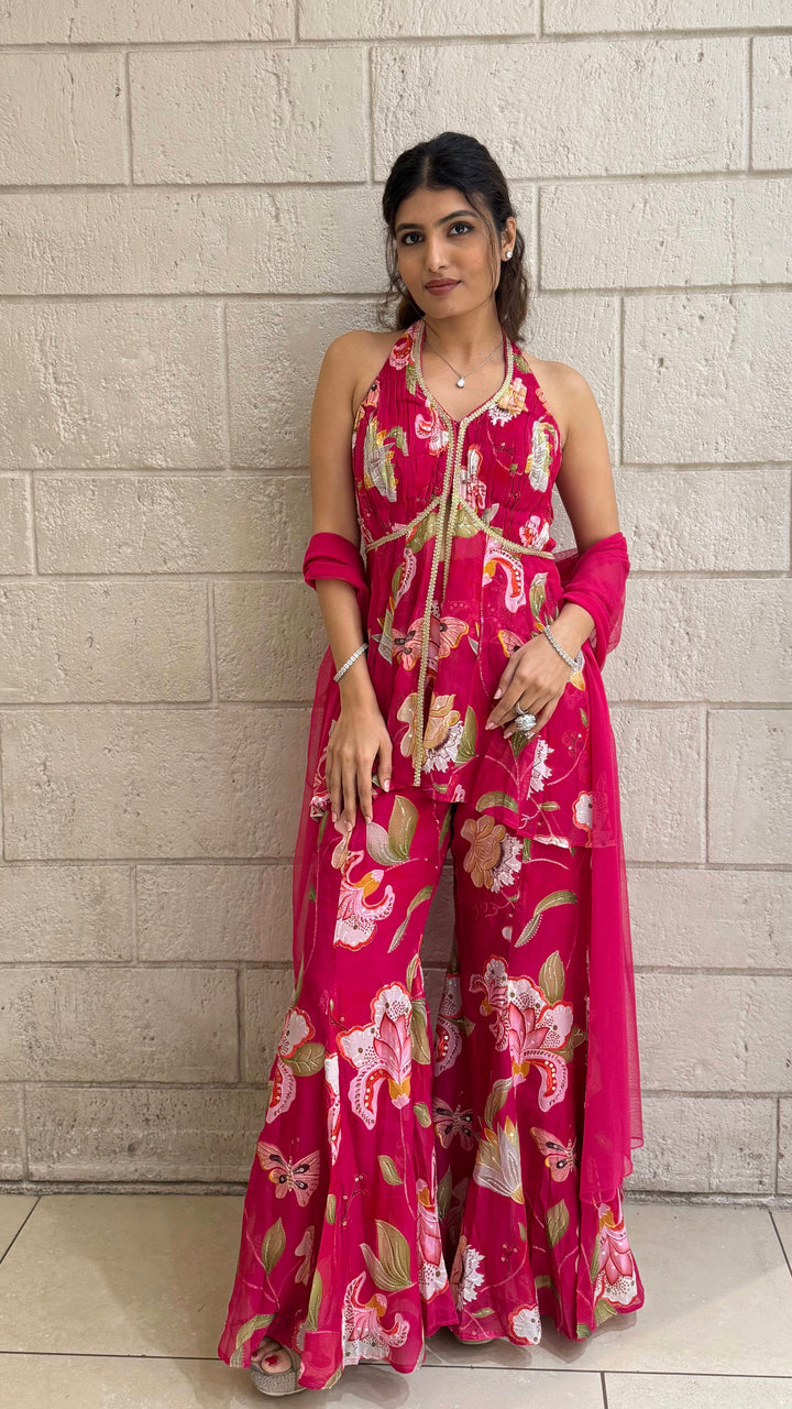 Designer Fuchsia Peplum & Palazzo Set with Multicolor Floral