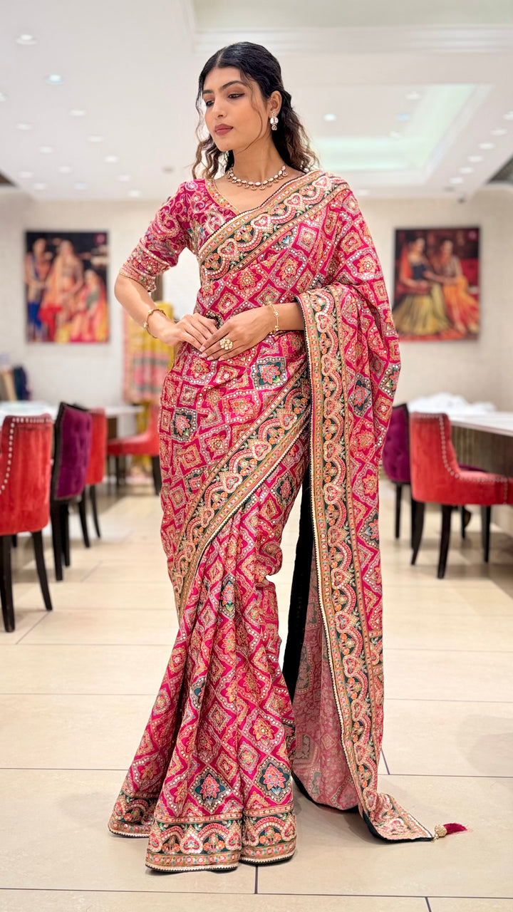 Royal Pink Embroidered Designer Saree with Traditional Motif Work