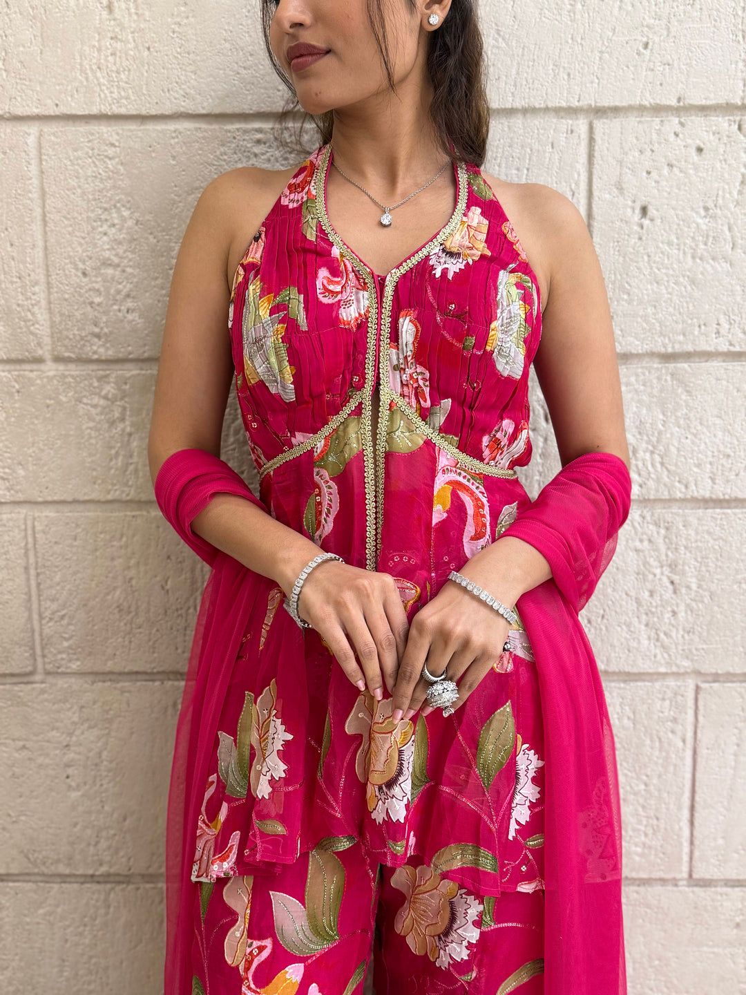 Designer Fuchsia Peplum & Palazzo Set with Multicolor Floral