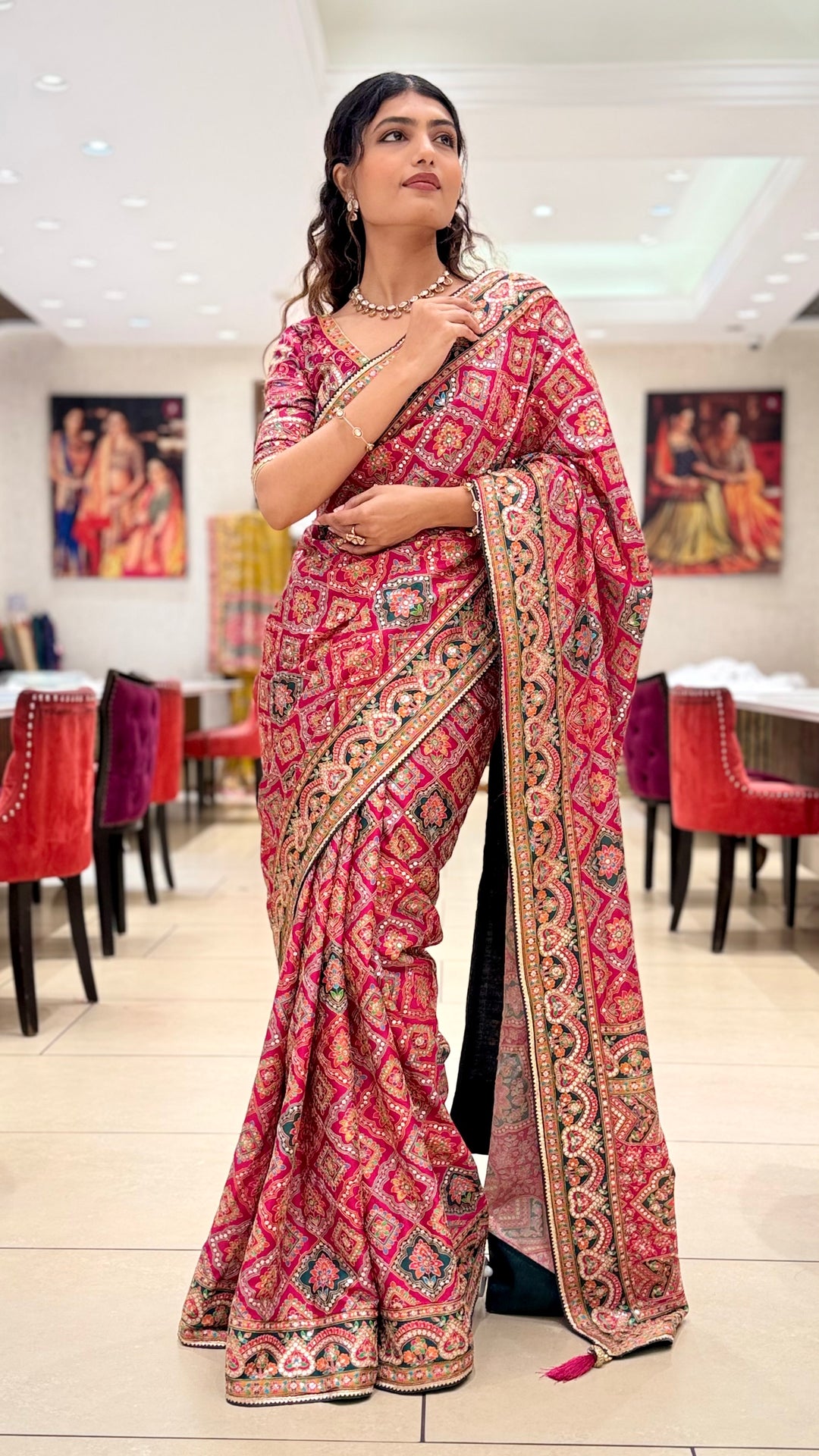 Royal Pink Embroidered Designer Saree with Traditional Motif Work