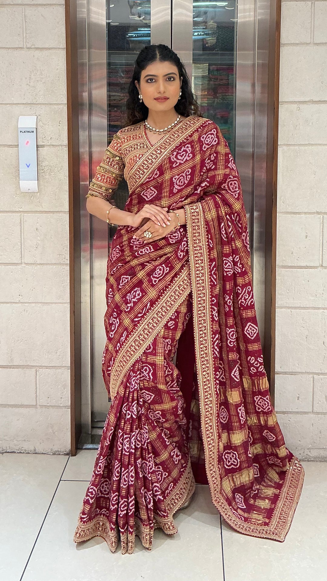 Maroon Bandhani Printed Saree with Traditional Woven Border