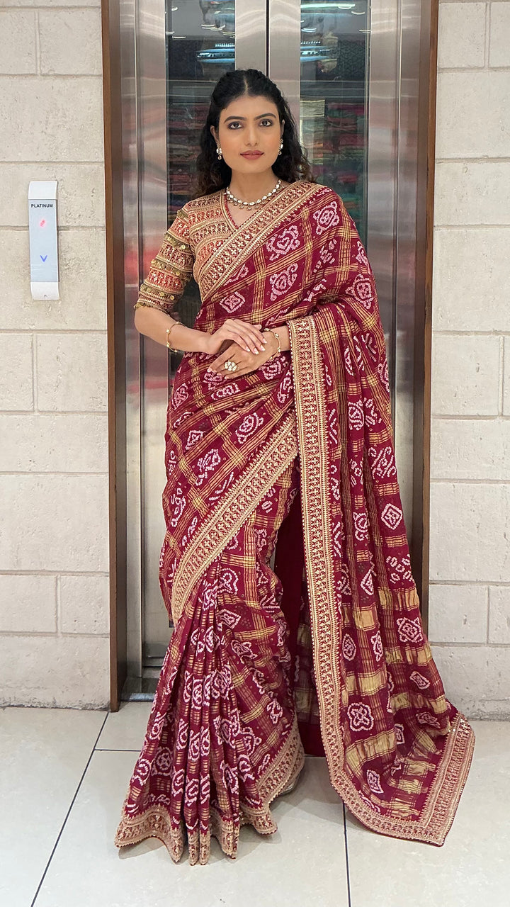 Maroon Bandhani Printed Saree with Traditional Woven Border