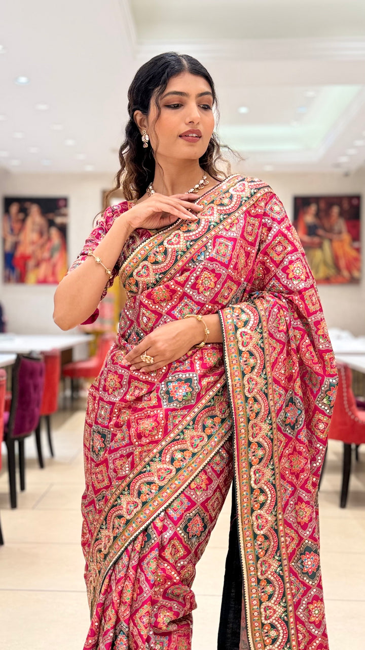 Royal Pink Embroidered Designer Saree with Traditional Motif Work