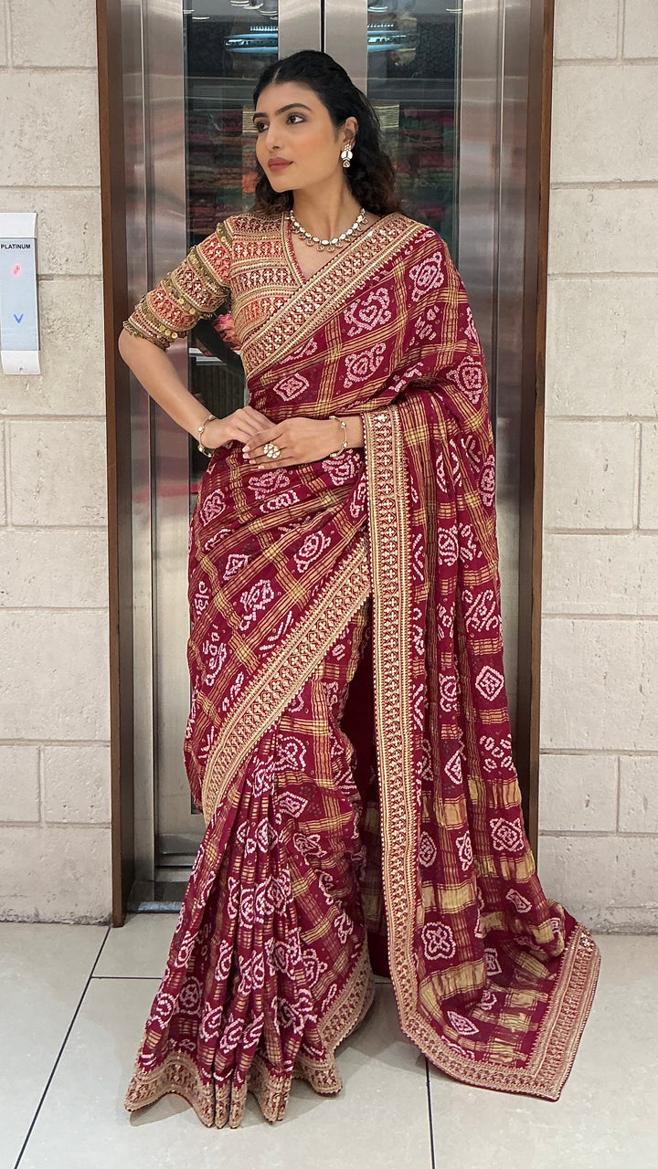 Maroon Bandhani Printed Saree with Traditional Woven Border