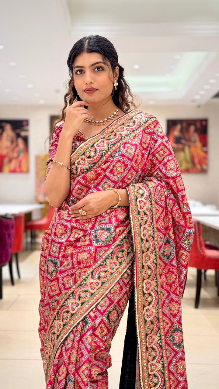Royal Pink Embroidered Designer Saree with Traditional Motif Work